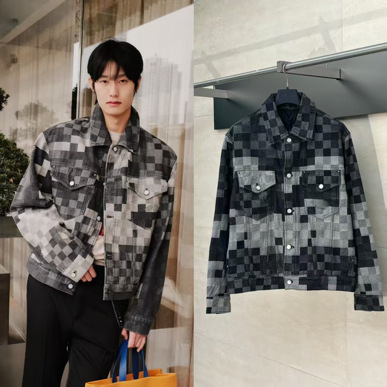 Fashion jacket designer jacket luxury black checkerboard mosaic denim jacket suitable for both men and women