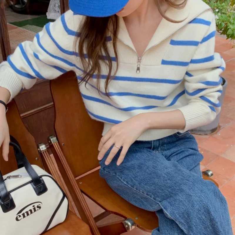 Fashion New Autumn and Winter Striped Zipper Turn Down Collar Womens Long Sleeve Sweater Elegant Casual Straight Knitwear TopT251027