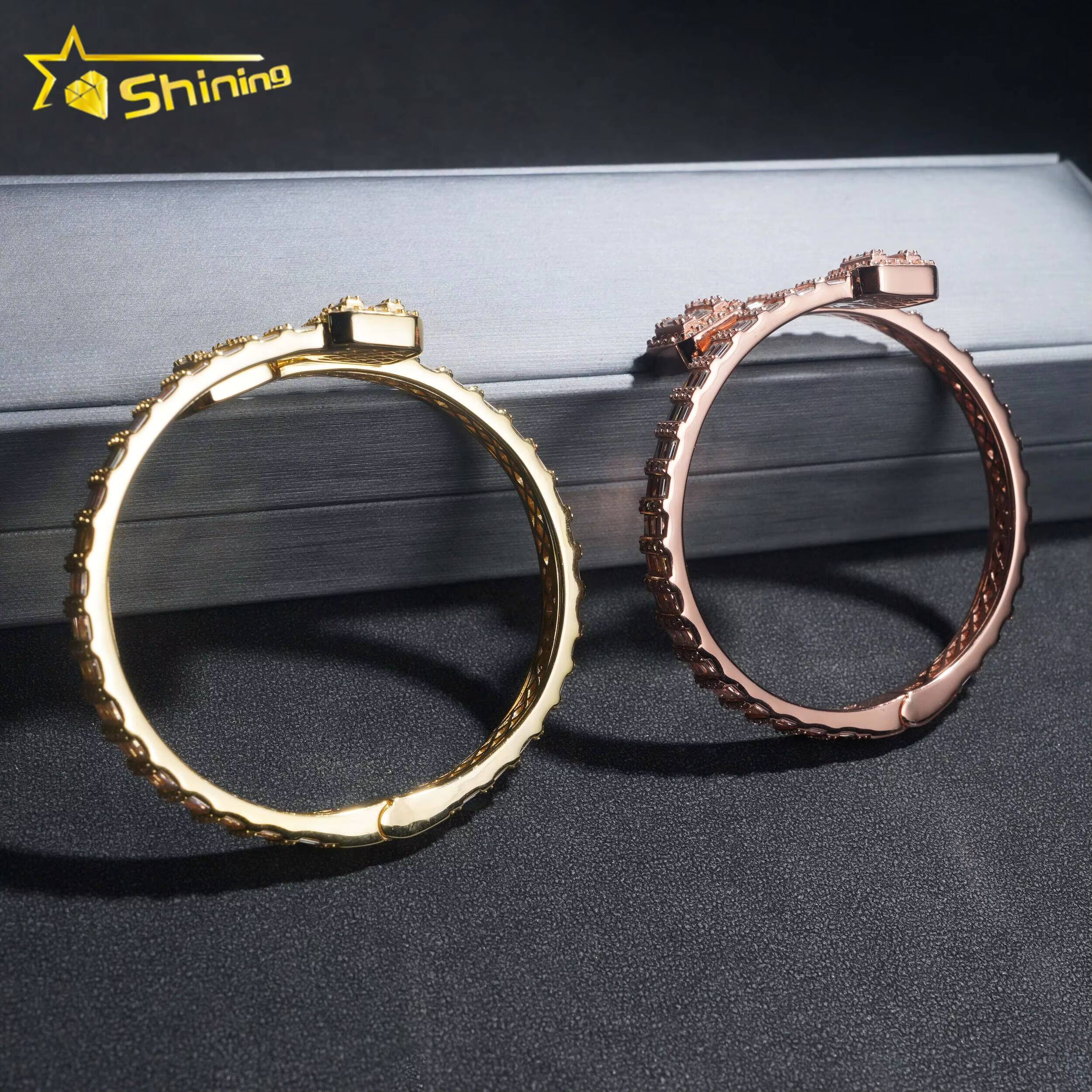 Fine Jewelry Sterling Silver 925 Fashion Iced Out VVS Baguette Moissanite Cuban Link Diamond Bracelet Bangles