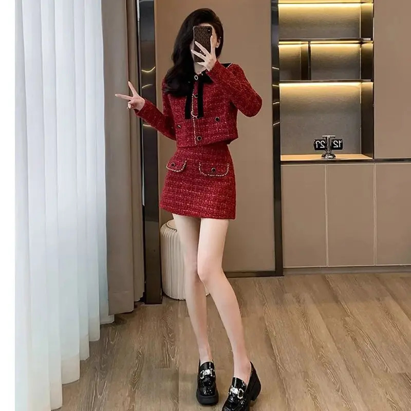 Autumn Winter Sequins Tweed 2 Piece Sets Women Spliced Long Sleeves Jackets Blazer Elegant Straight Mini Sskirt Suits 251023