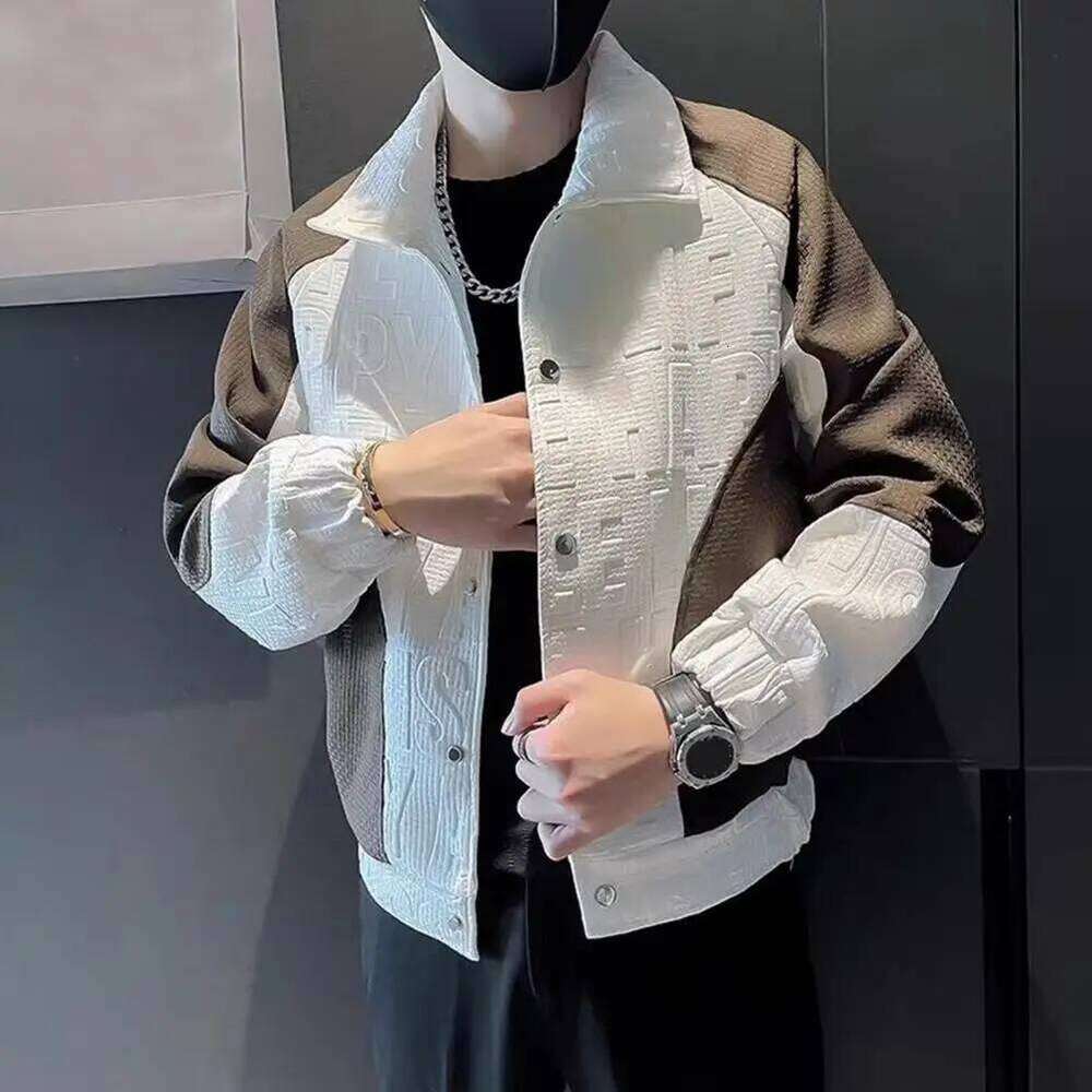 Men Lapel Long Sleeve Coat Hip Hop Style Windproof Design Color-Blocked Jacket with 3D Letter Pattern