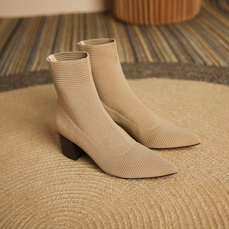 Pointed Toe Knitted Cotton Short for Women, Chunky Slim High Heel Women's Boots, Autumn Winter Boots