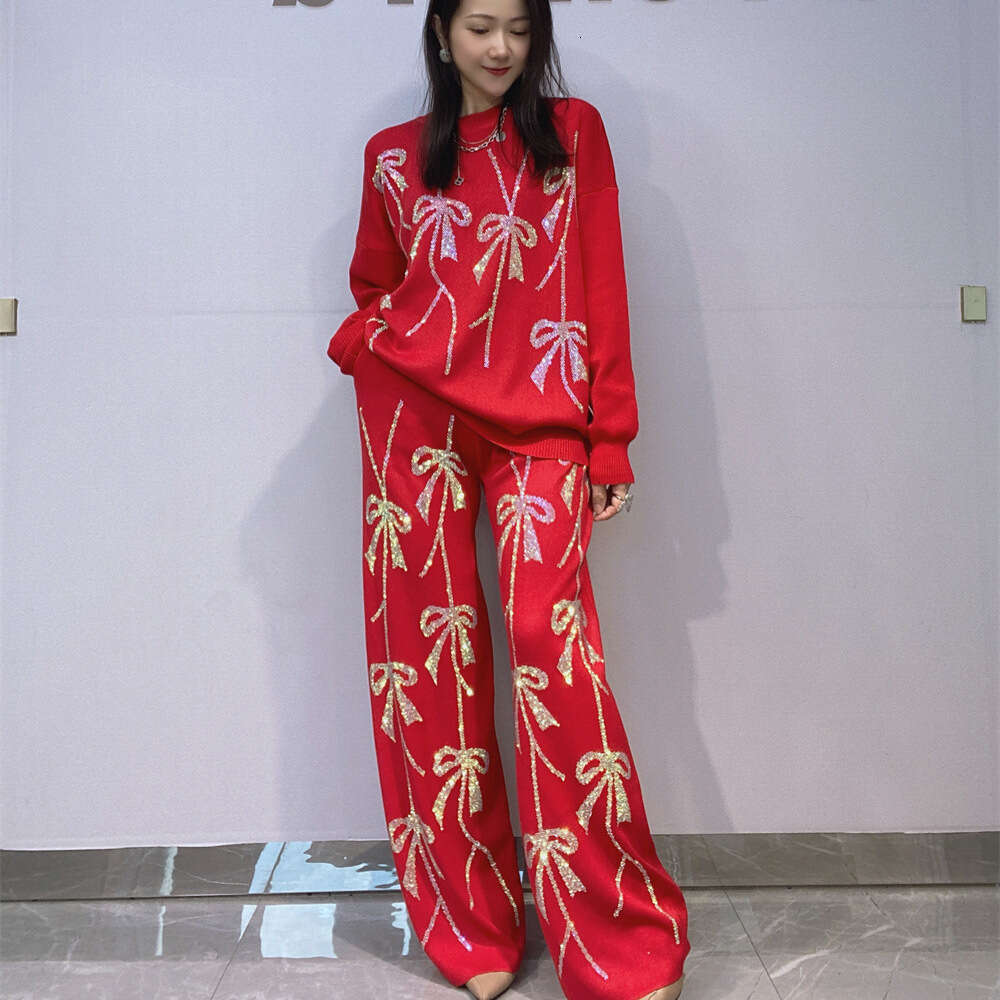2025 Autumn New Fashion Rhinestone Knitted Two-Piece Set Loose Women's Top Casual Wide-Leg Pants Ladies Long Pants Suit