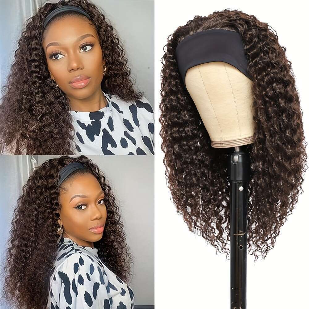 Ombre Cover 20Inch Ombre Brown Elastic Band Head Cover - Kinky Curly Medium Length No-Glue Mechanism Synthetic