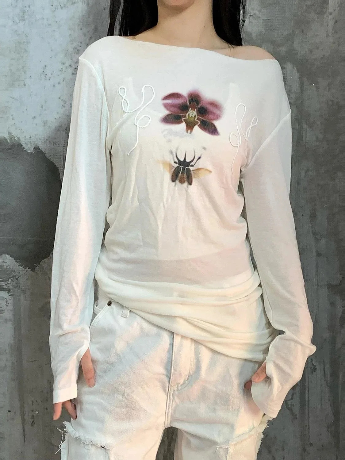 Onalippa Fashion Printed Lazy Style Off Shoulder Tshirt Slightly Transparent Round Neck Long Sleeved Base Top 2025 251027