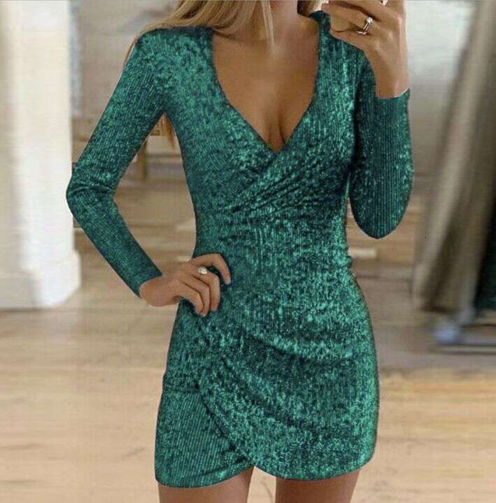 Autumn Sexy V-neck Bodycon Irregular Short Sequin Dress Gown