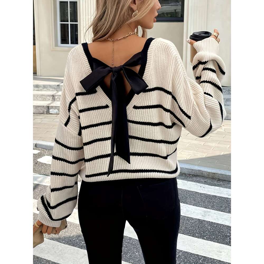 Elegant French-Inspired Elegant French-Inspired Women's V-Neck Sweater Striped Tie-Back Pullover Long Sleeve Button-Up Front Loose Fit Casual Win