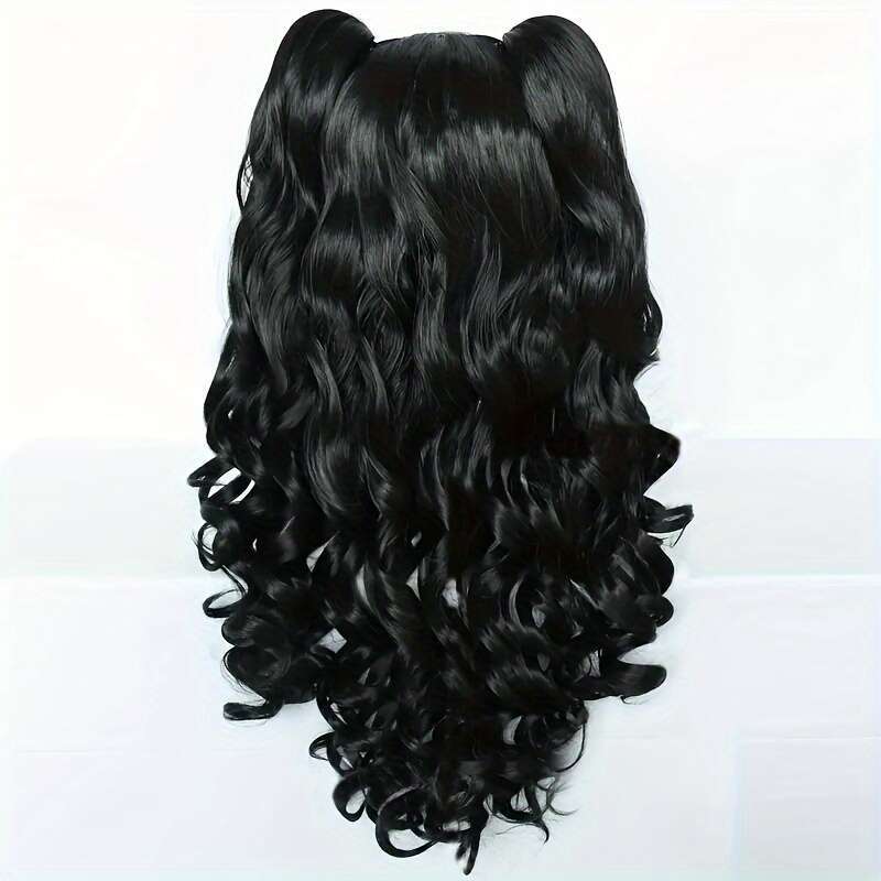 23.62Inch Long Black Anime Double Ponytail Wig With Clip-On - Wavy Hair For, Volume & Curly Wave Texture, One-Size-Fits-All For Halloween, Conventions