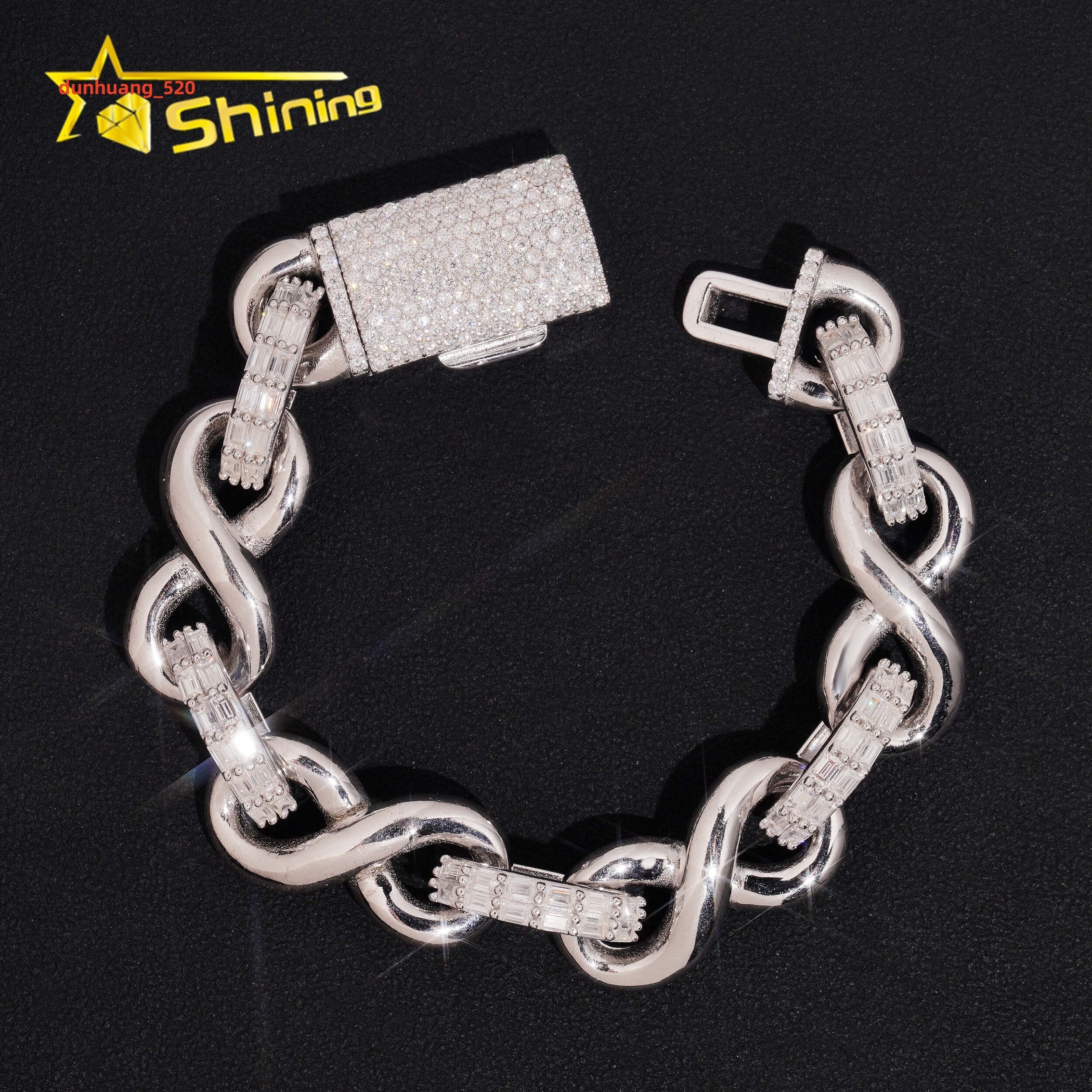 GRA Certificate Luxury Hip Hop 15mm 925 Silver Baguette VVS Moissanite Infinity Men Diamond Bracelet