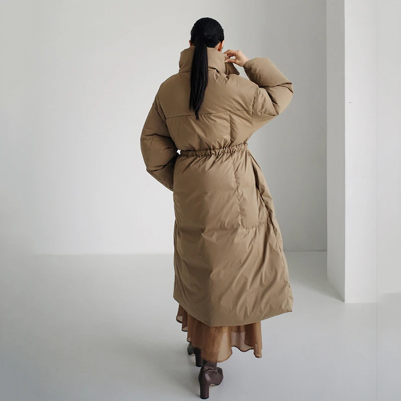 Winter Stand Collar Long Down Jackets Loose Belt Sleeve Warm Coat Fashion Solid Cotton Padded Overcoat Women 251027