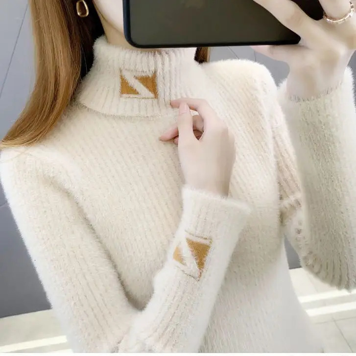 High Collar Pullover Sweater Women Mink Letter Jacquard Underlay Solid Western Knit Undercoat Autumn Winter Pullover Sweater 251027