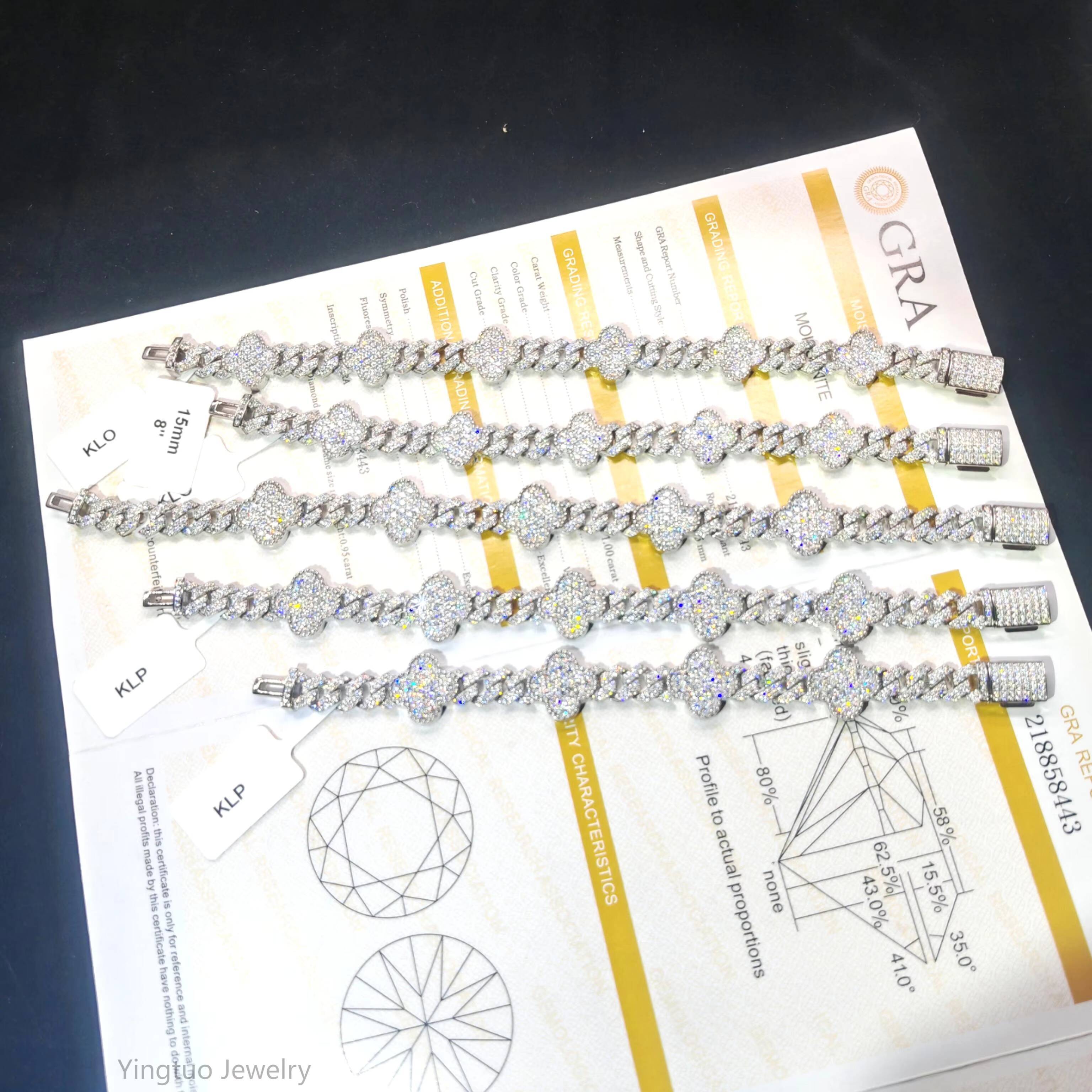 Wholesale Hip Hop Fine Jewelry S925 Silver VVS D VVS Moissanite Bracelet Iced Out Four Leaf Clover Cuban Link Chain for Men