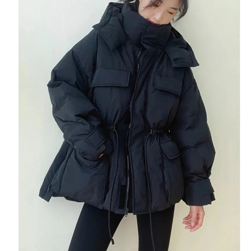 Winter Hooded Parkas Warm Jacket Women Down Cotton Coat Irregular Fluffy Bubble Drawcord Waist Outwear 251027