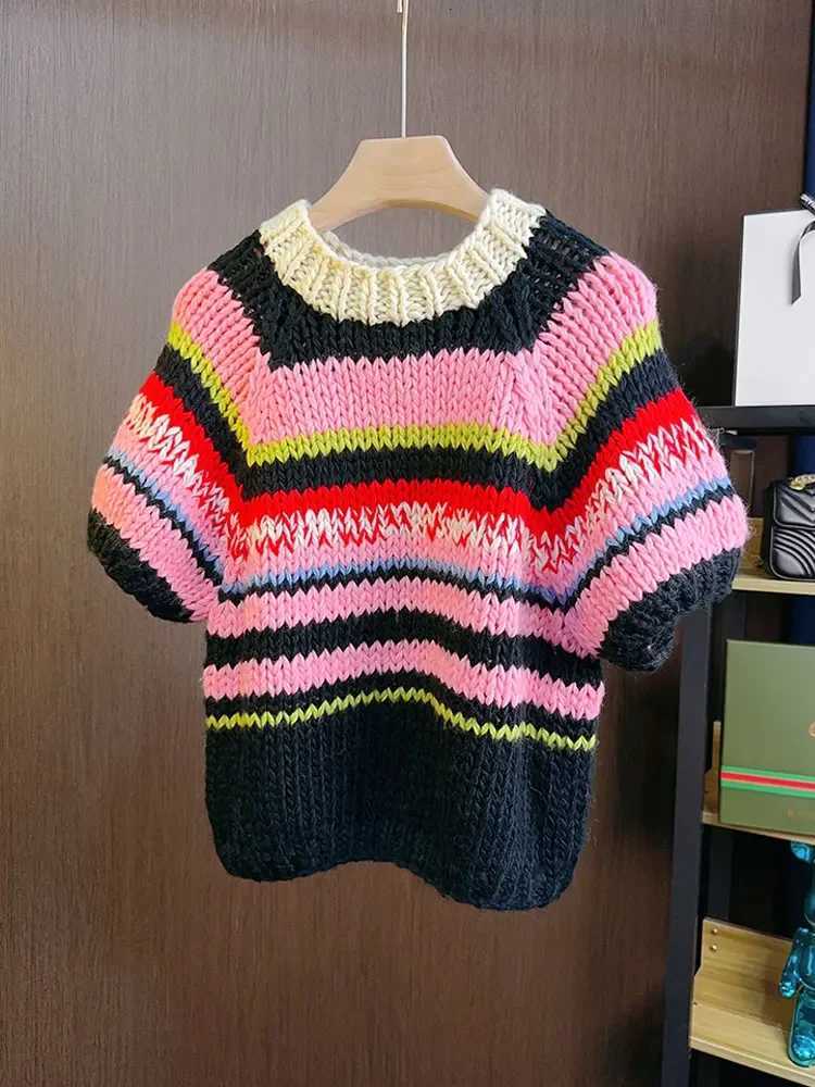 Multicolor Striped Handmade Jumper Sweet Rainbow Wool Blended Color Block Knit Tee Short Sweater AutumnWinter Woman KnitwearT251027