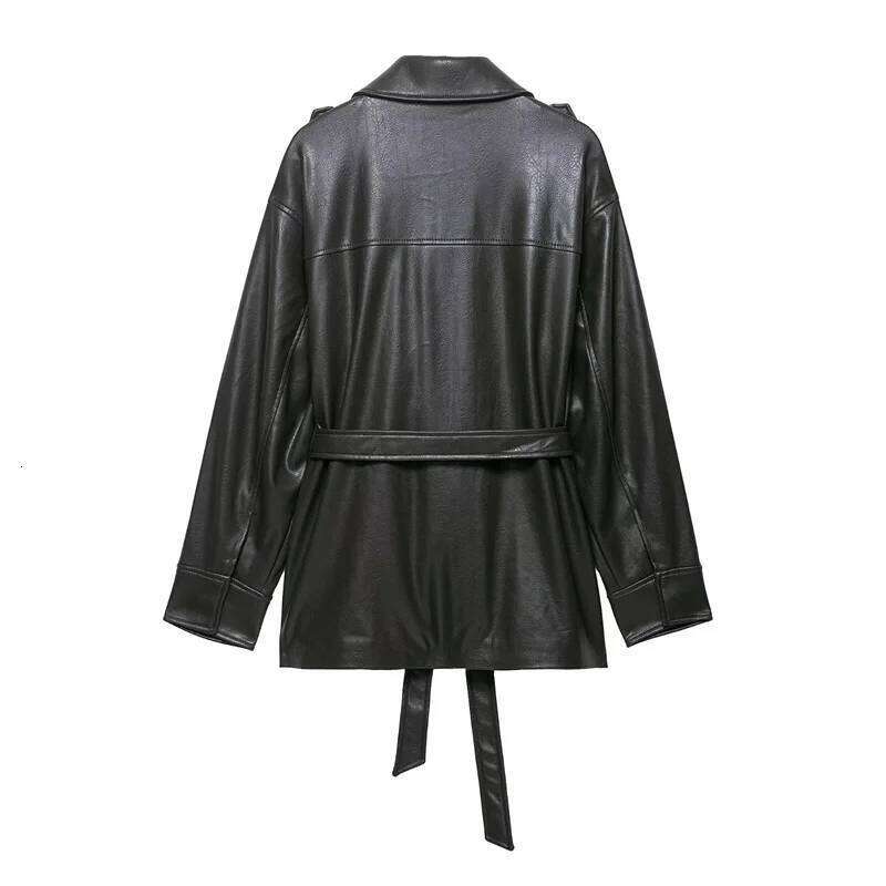 Women's New Fall 2025 Dark Green Long-Sleeved Faux Leather Jacket Pocket Decoration With Belt Casual Personality Mot
