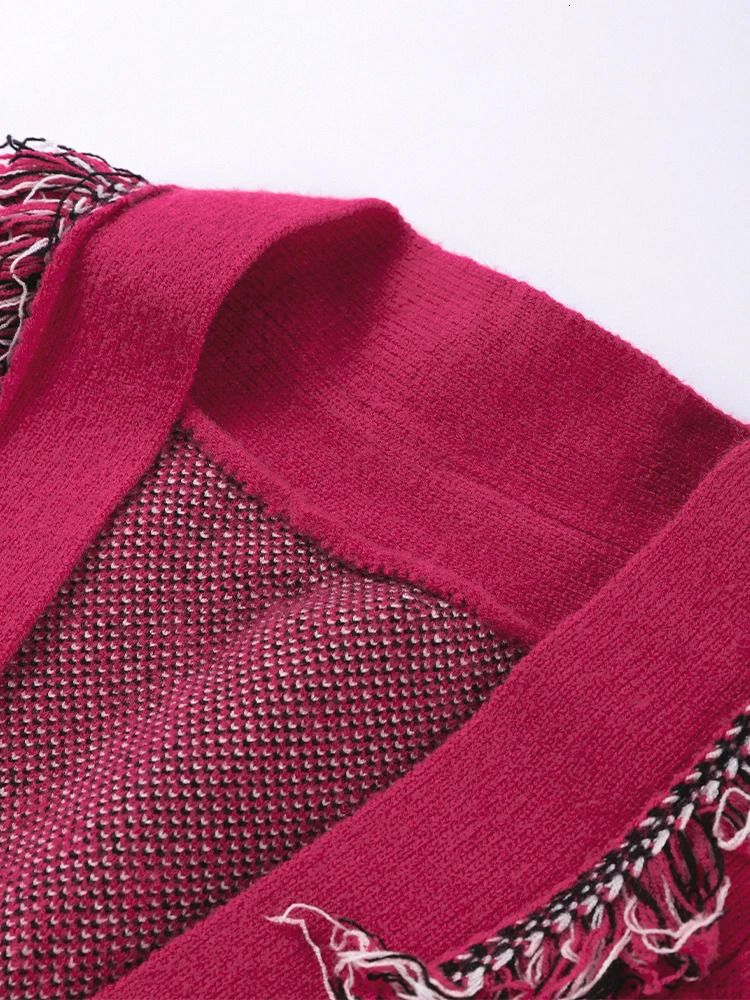 Women Tassel Patchwork Printed Cardigan Geometric Patterns Belts Vneck Long Sleeve Knitted Casual Lady Sweater 2025 Autumn Coat 251027