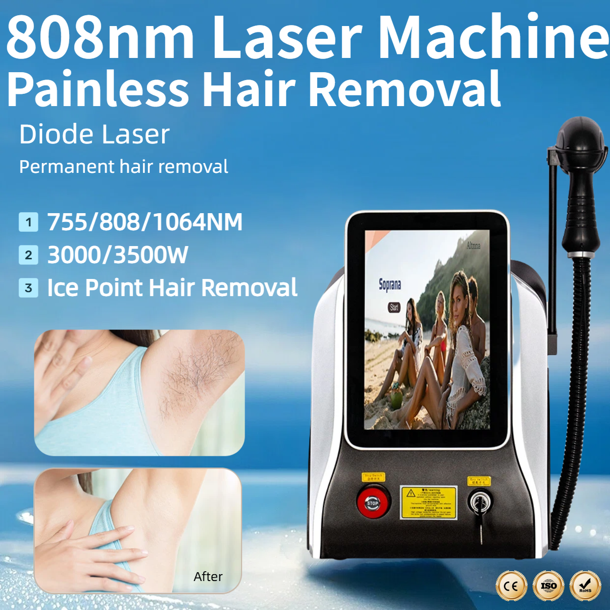The Best Diode Laser Hair Removal Machine 808nm Laser 3 Wavelengths Alexandrit Permanent Painless Physical Underarm Body Care Depilation Equipment Sal