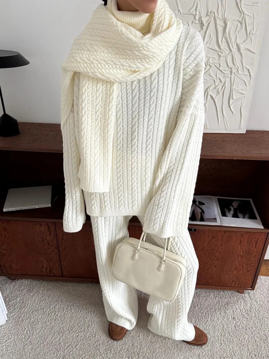 Bornladies Autumn Winter Fashion Womens Cable Knit Sweater Wide Leg Pants Set Soft Wool Blend Loose Fit High Neck Pullover 251027