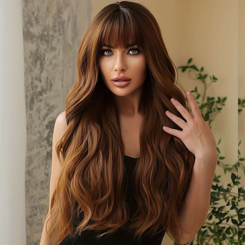 28 Inch Reddish Brown Long Curly Wavy With Bangs Synthetic Body Wave Wigs Women For Daily Costume Party Cosplay Use