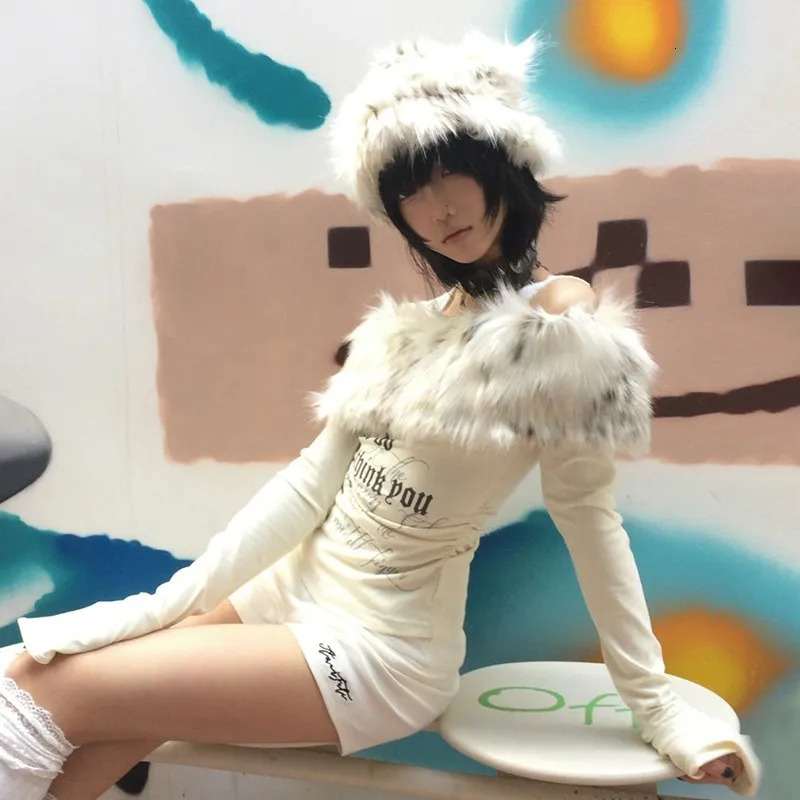 Karrram Japanese Y2k Fur Collar Tops 2000s Aesthetics Off Shoulder Knit Tops Vintage Harajuku Letter Print Long Sleeve Tshirt 251027