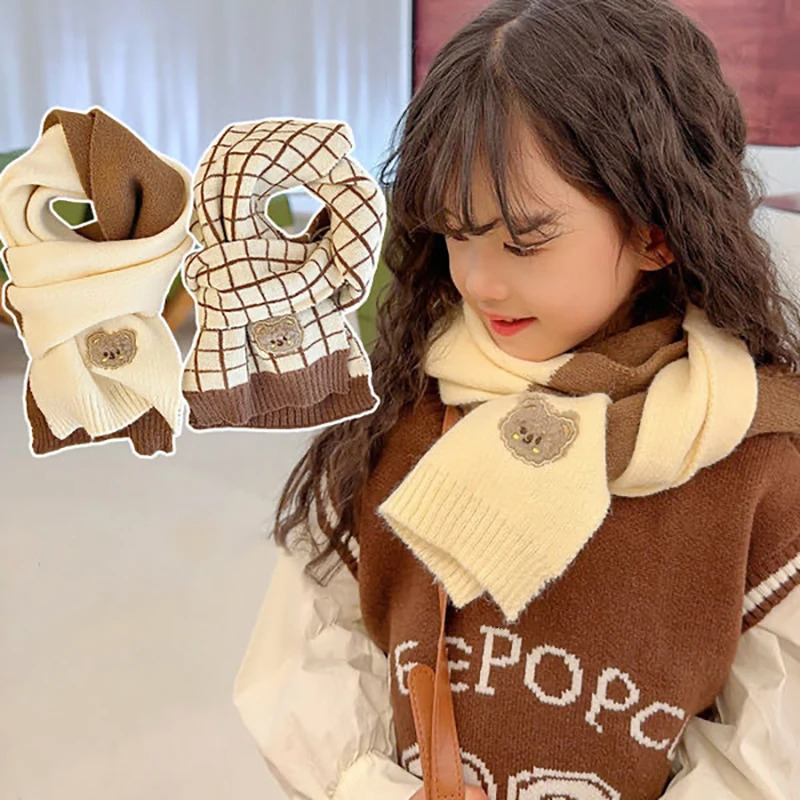 Cute Plaid Striped Bear Kids Scarf Korean Knitted Winter Warm Scarves Children Girl Boys Outdoor Coldproof Neckcheif Shawl 251027