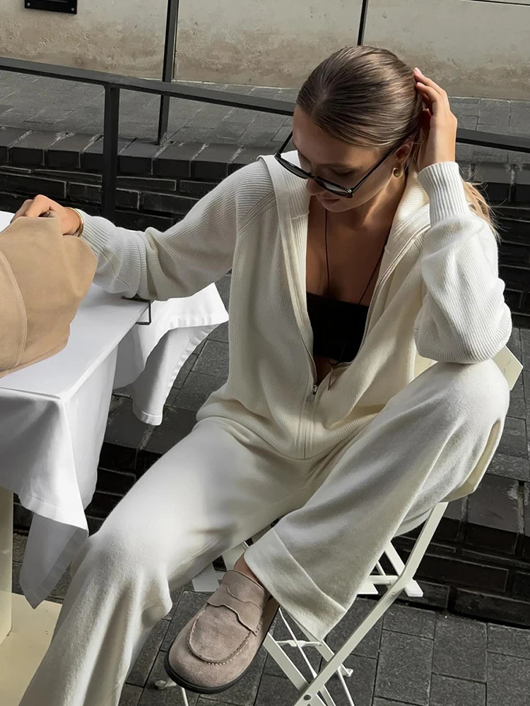 Loose Jacket Pants Knitted Lady Set Solid Color Zipper Jackets High Waist Trousers Casual Street Women Warm TwoPiece Suits 251013