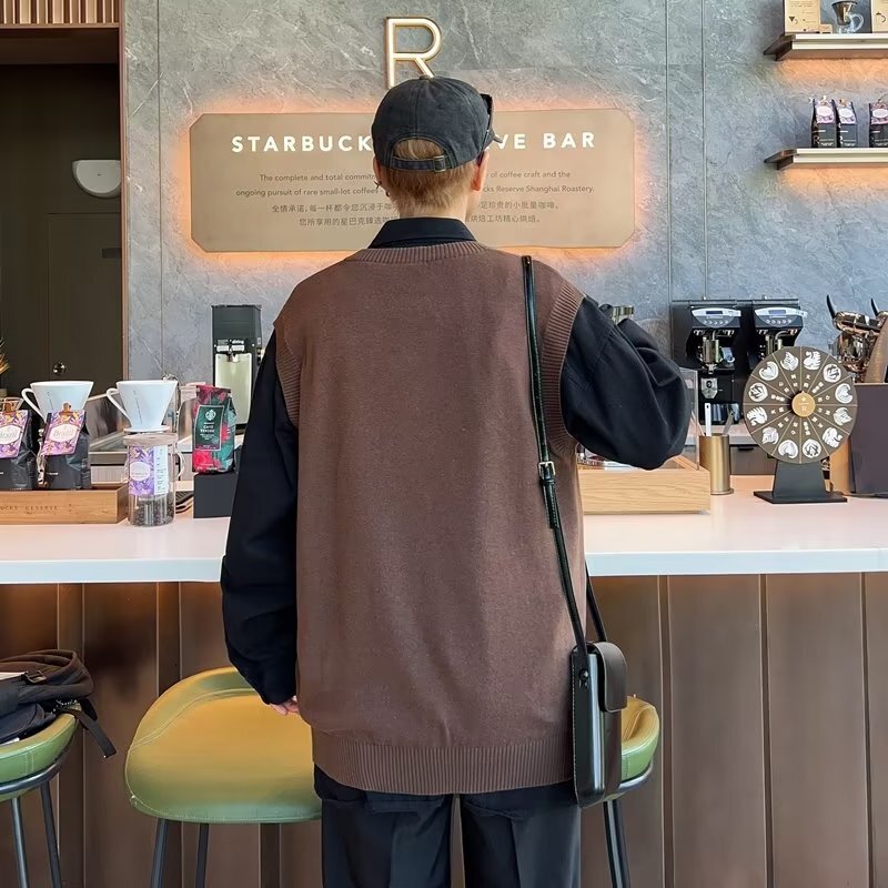 V-neck Sweater For Men Autumn And Winter Korean Style Trendy Loose Knitted Designer Sweater Vest Autumn Ins Sleeveless Tank Top