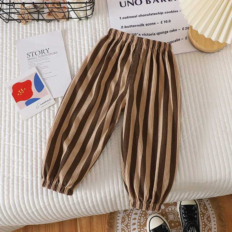 Autumn Kids Casual Trousers Brown Striped Plaid ElasticWaist Long Pants Korean Style Sweatpants For Baby Boys Girls 1 To 6 YrsT251027