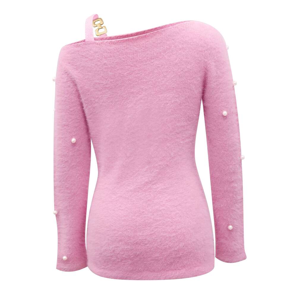 Women's Elegant Off-Shoulder Long Sleeve Beaded Top - Embellished Slim Fit Blouse, Soft Pink Solid Color For Spring/Fall, Versatile Casual To For