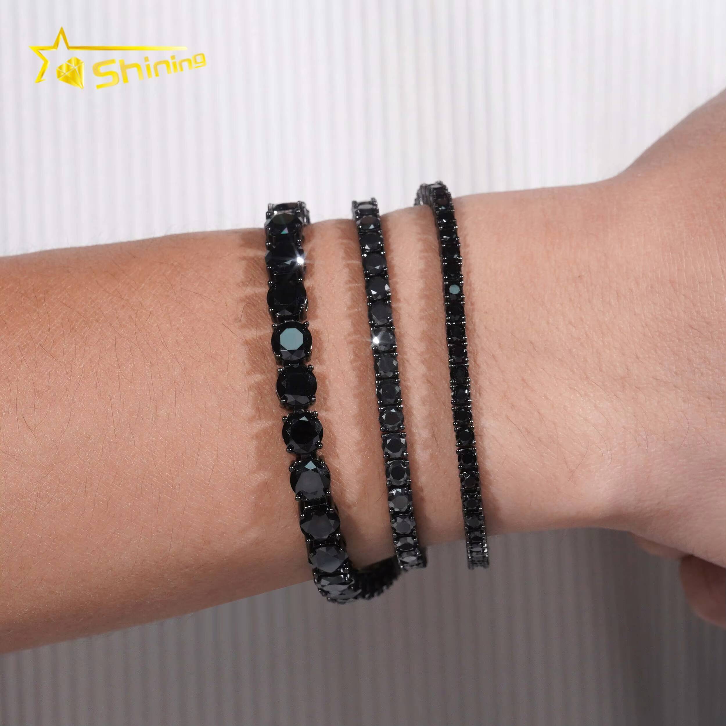 GRA Certificate Double Safety Clasp Hip Hop 925 Silver Black Moissanite Diamond Tennis Chain Bracelet