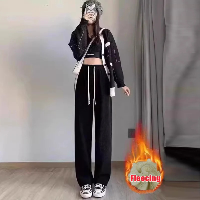 Lamb Fleecing High Waist Straight Wide Leg Pant Solid Casual Warm Long Winter For Womens Pants Clothes Trouser Office Lady 251027