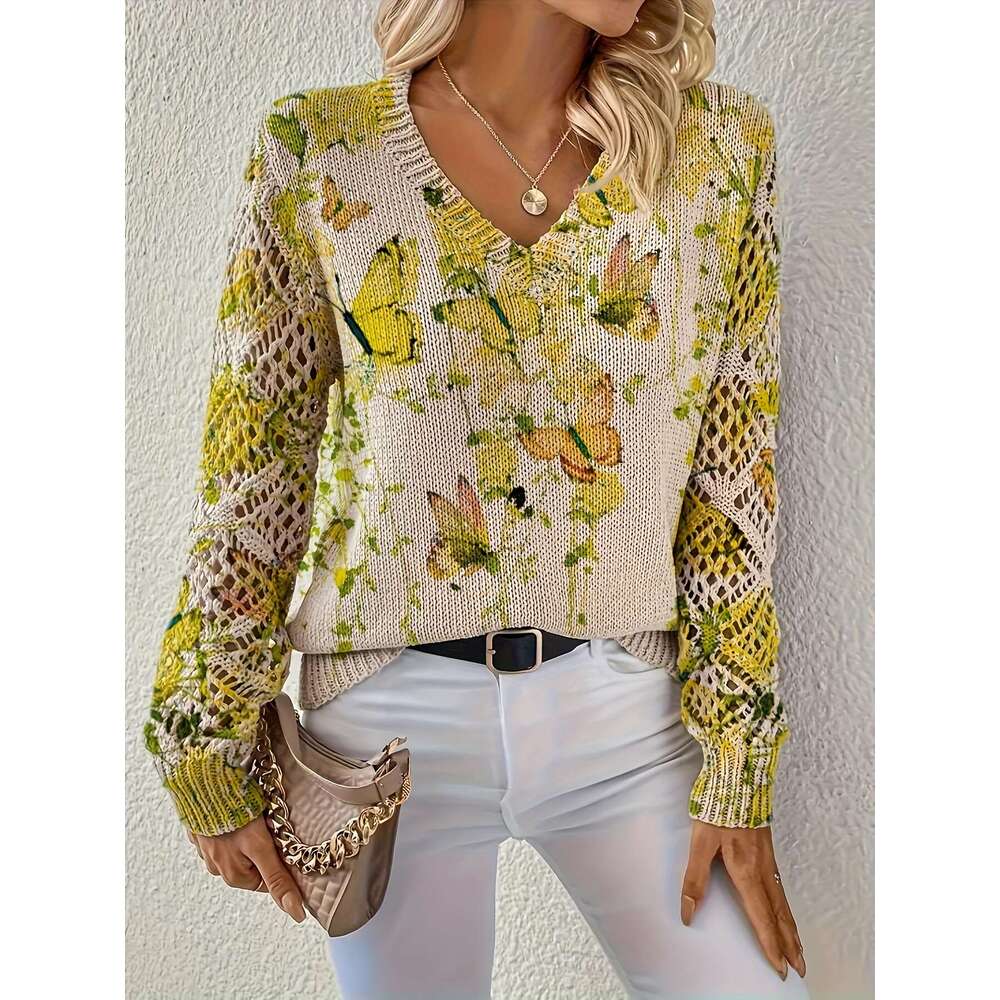 Graceful Autumn Winter, Spring Summer, Four-Season Style, Bohemian Fashion, Trendy Versatile V-Neck Long-Sleeve Women's Top With Butterfly Patter