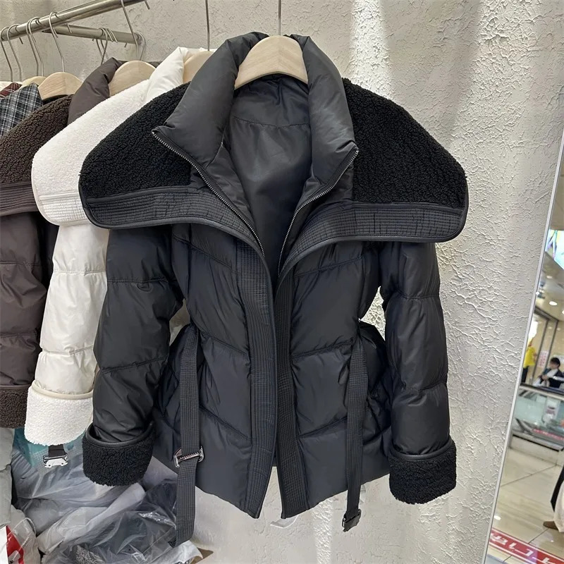 Lamb Wool Spliced Cotton Jacket With Belt Womens Autumn Winter Stand Collar Thick Short Outwear Long Sleeved Warm Coat 251027