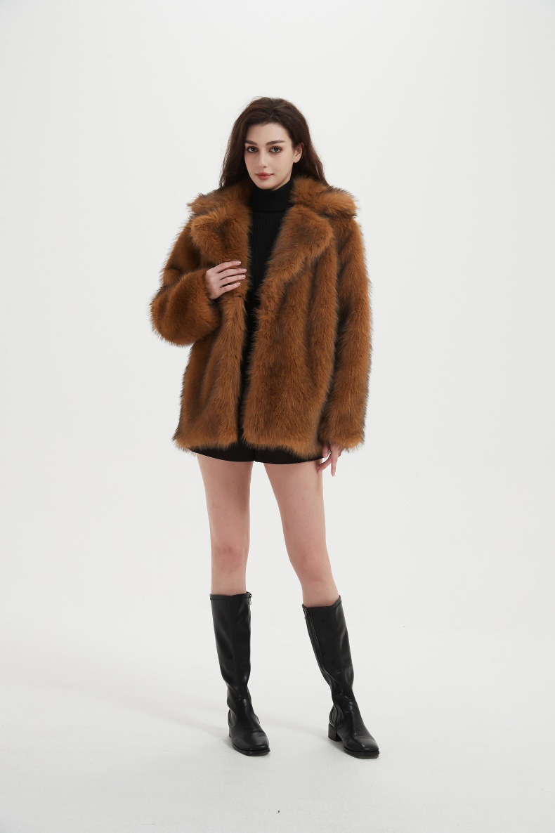 Designer's new top short jacket jacket new lapel synthetic fur warm medium to long length jacket thick jwith open button lapel plush coat loose t