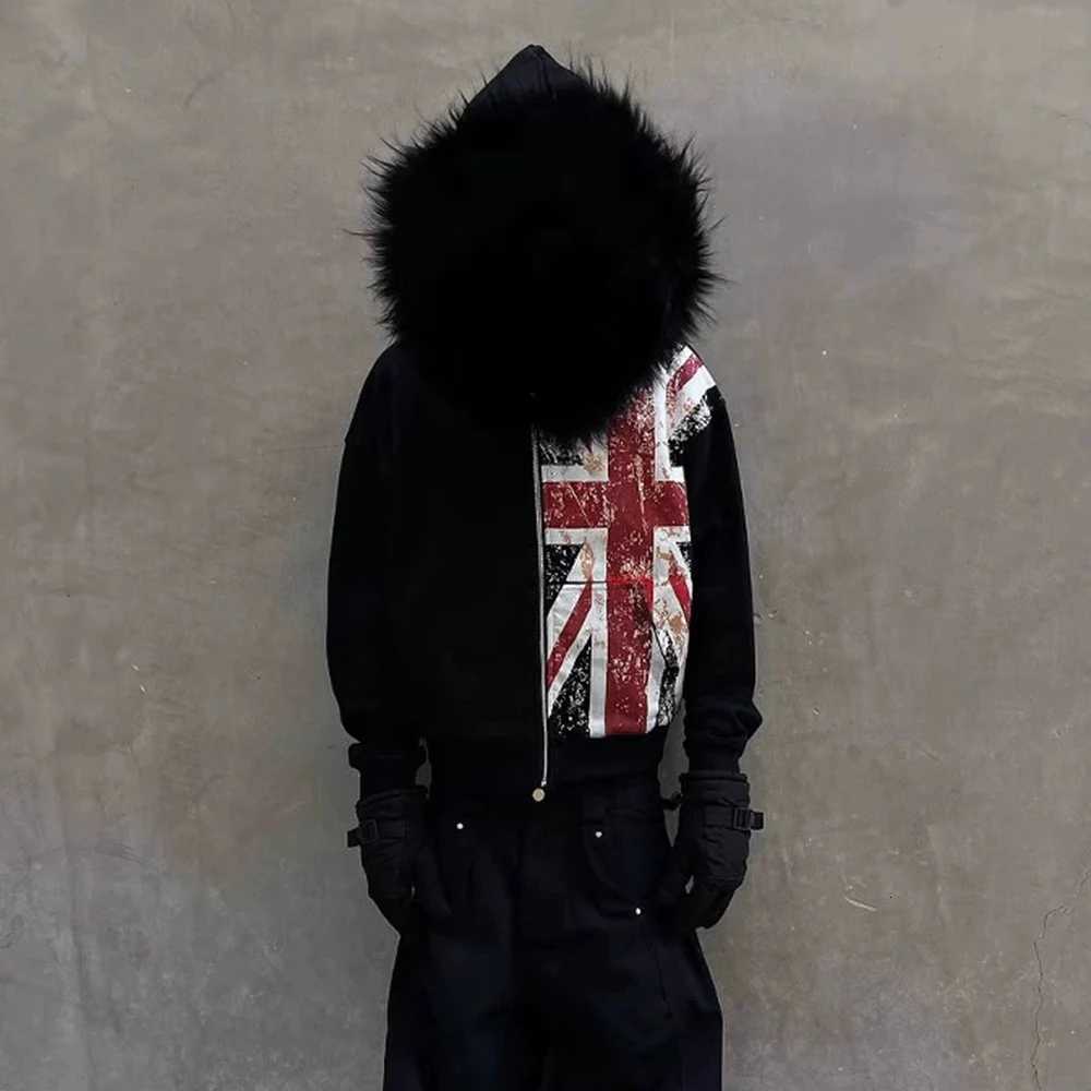 Retro Y2K Ins Fur Collar Printed Zipper Sweatshirt Long Sleeved Pullover Hoodie Street Trend Casual Retro Jacket W251027