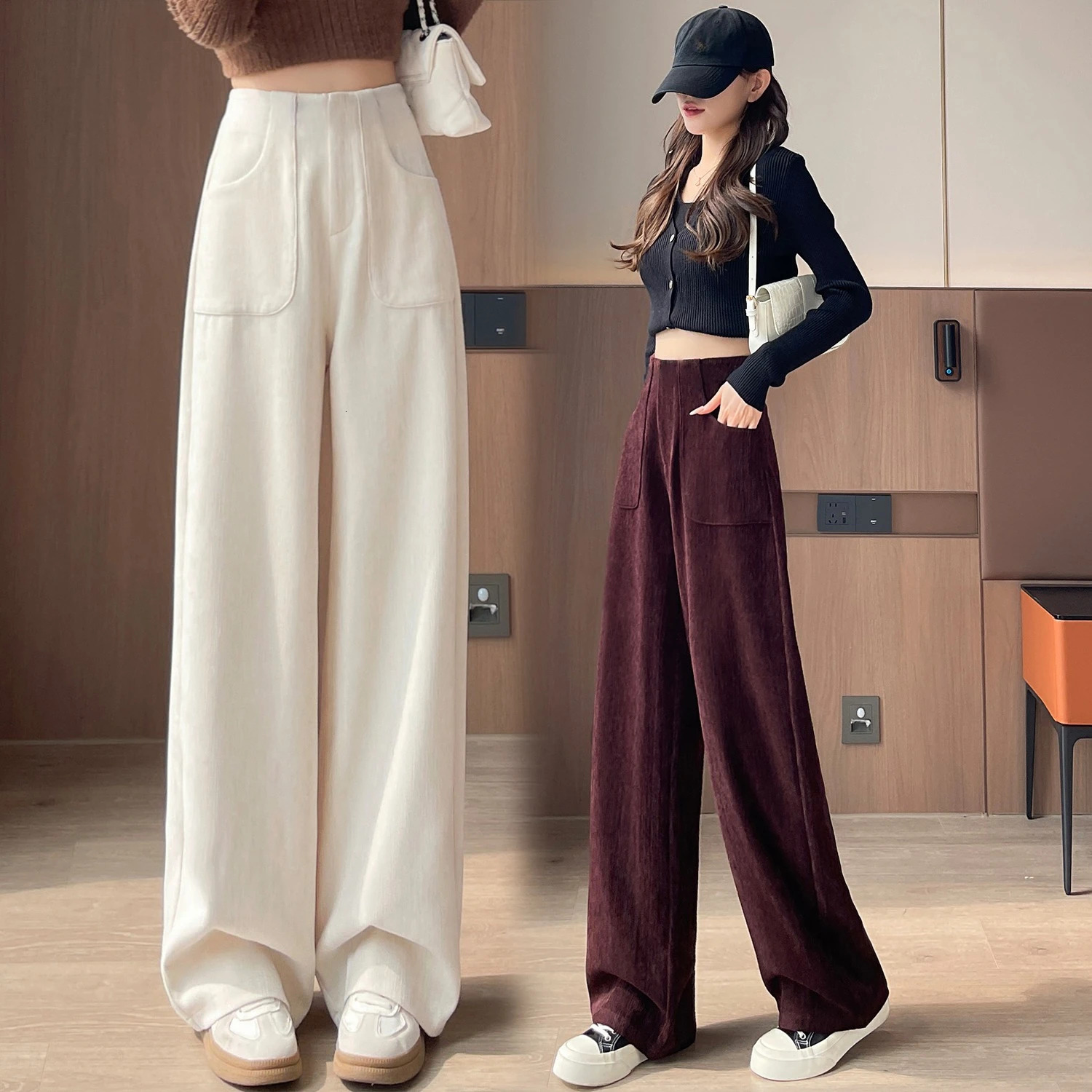 Autumn Winter High Waist Vintage Corduroy Womens Wide Leg Pants Pockets Korean Casual Loose Full LengthTrousers Female 251027