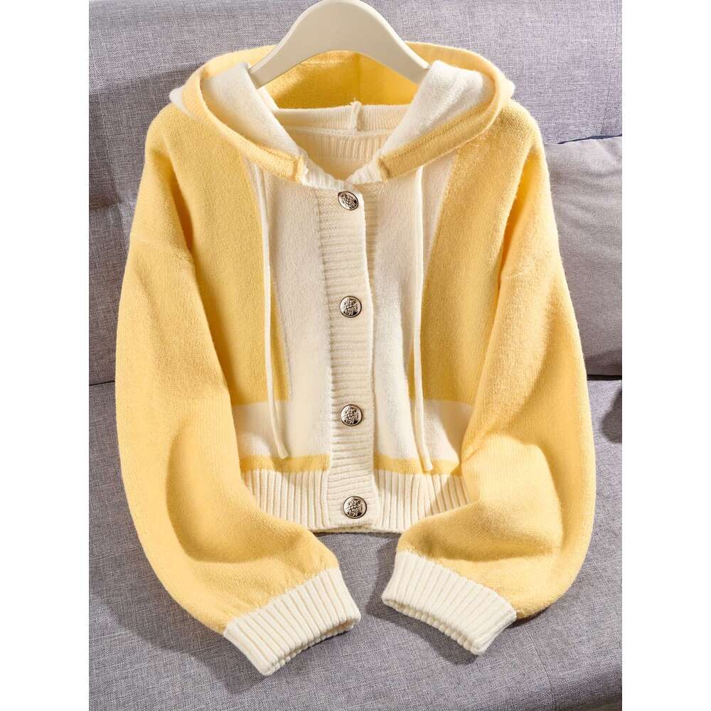 Women's Cozy Color-Block - Oversized Cardigan With Details, White & Yellow, Fall/Winter Layering Piece, Casual Winter Wear Button Detail | Constr