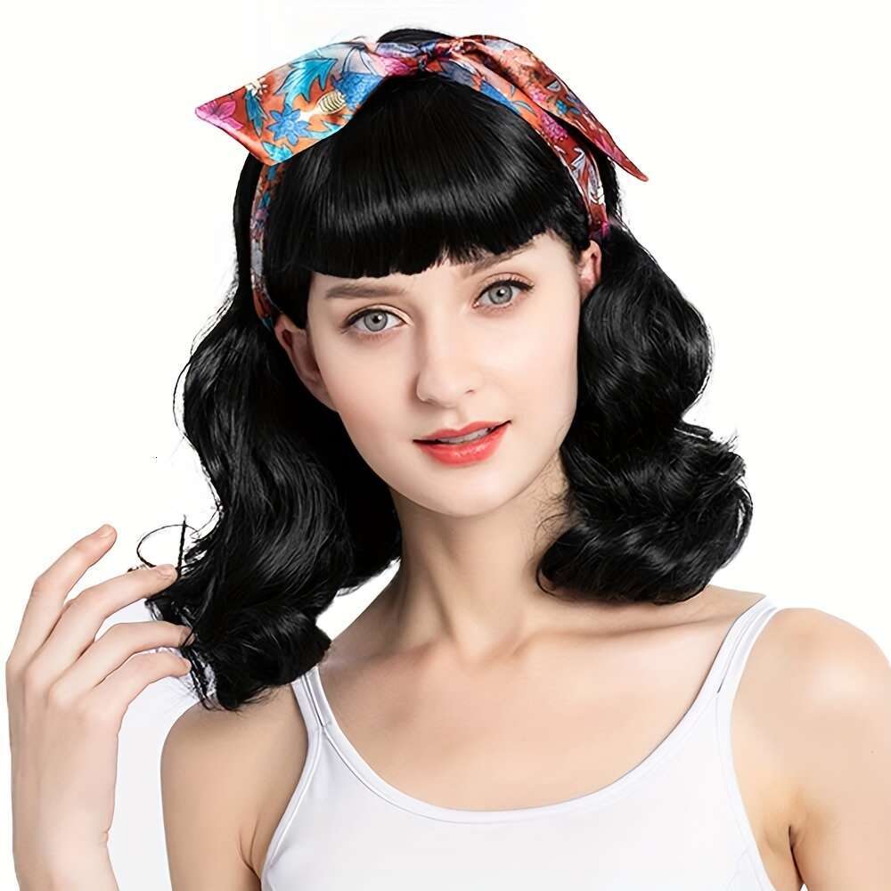 Women's 50S Rockabilly Vintage Wig, Wavy Black With Bangs, Bettie Page Inspired, High Temperature Fiber, Rose Net Cap, 180% Density, Loose Wave C
