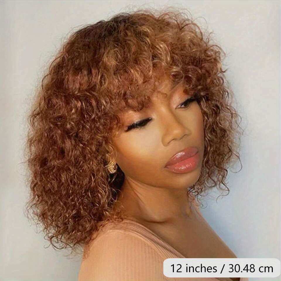 100% Brazilian Human Hair Wig - Ombre Brown Jerry Bob Bangs, Short Pixie Cut & Curly Wave, 150% Density Hairpiece For Men &, Rose Net Compatible With 