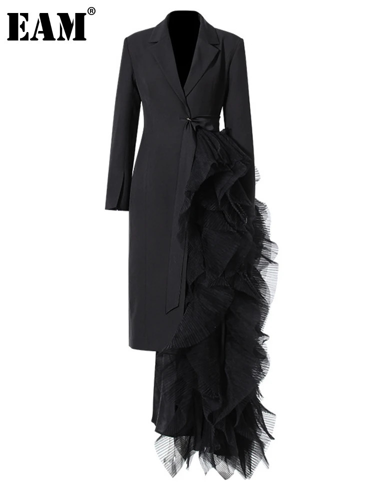 EAM Women Black Irregular Mesh Big Size Long Elegant Blazer Lapel Sleeve Jacket Fashion Spring Autumn 7AB4743 251027