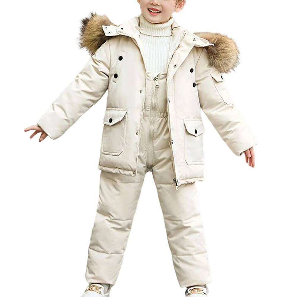 Baby Boys Snowsuits,2-Piece Fur Hooded Down Jacket With Bib Pants,Thick Warm Toddler Kids Winter Suits,Skiing Puffer Wear