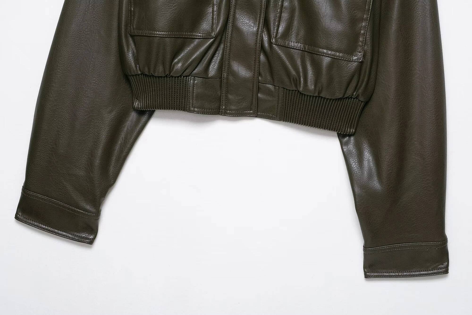 winter jacket women PB&ZA2025 autumn new women's casual fashion simple versatile shiny imitation leather stand collar long sleeve short jacket