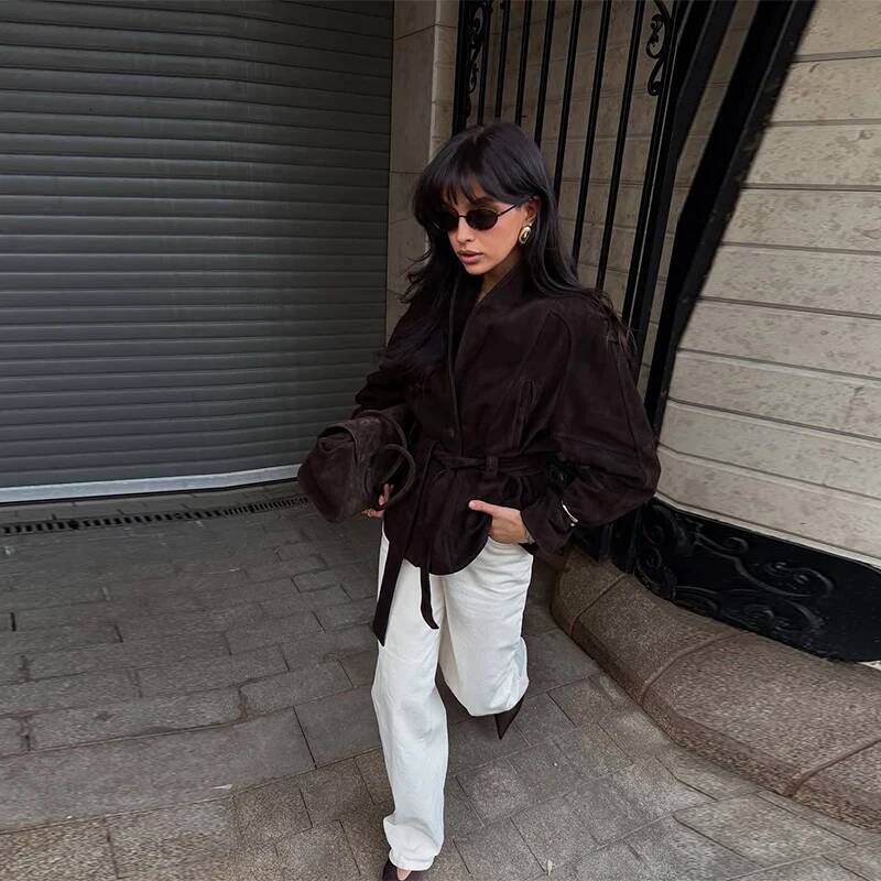 winter jacket women Fashion Dark Color Suede Fabric Stand Up Collar Jacket Women Causal Waist Cinched Broad Shoulder Coat Autumn High Street Outwear