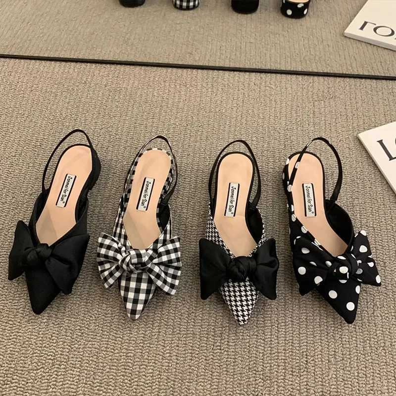 Womens Pumps Fi Pointed Toe Bowknot Slingbacks Pumps Plaid Polka Dots Heels Slip Small Heel Sandals Casual Thin ShoesXJ251027