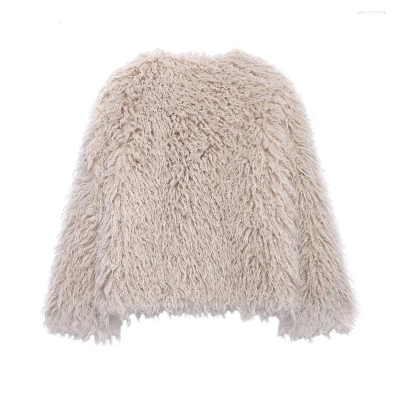 Women's Jackets Loose Faux Fur Effect Round Neck Long Sleeved Short Jacket For Autumn And Winter Style