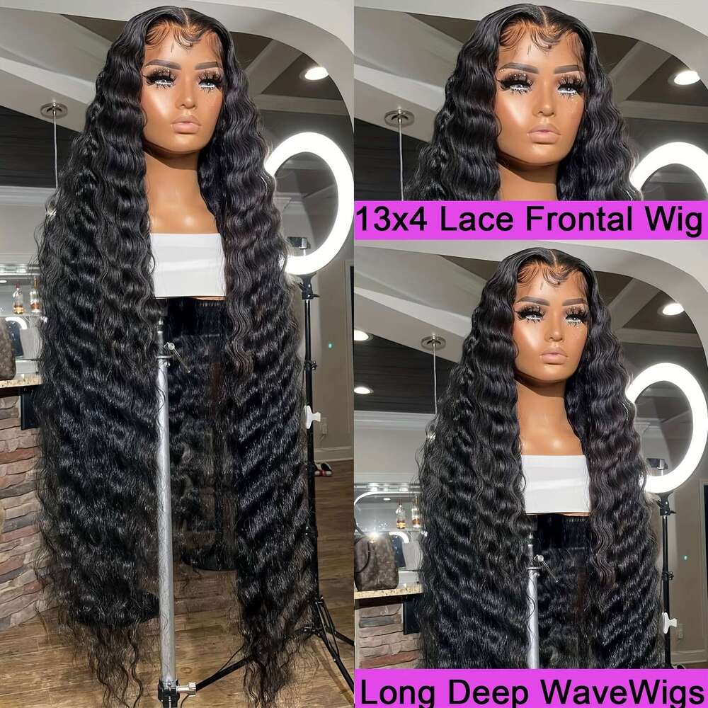 200% Density Frontal Long Deep Wig Synthetic Heat Resistant Fiber Hair Premium Curly Natural Black 13*4 Hairpiece For Women With HD Transparent Lace W