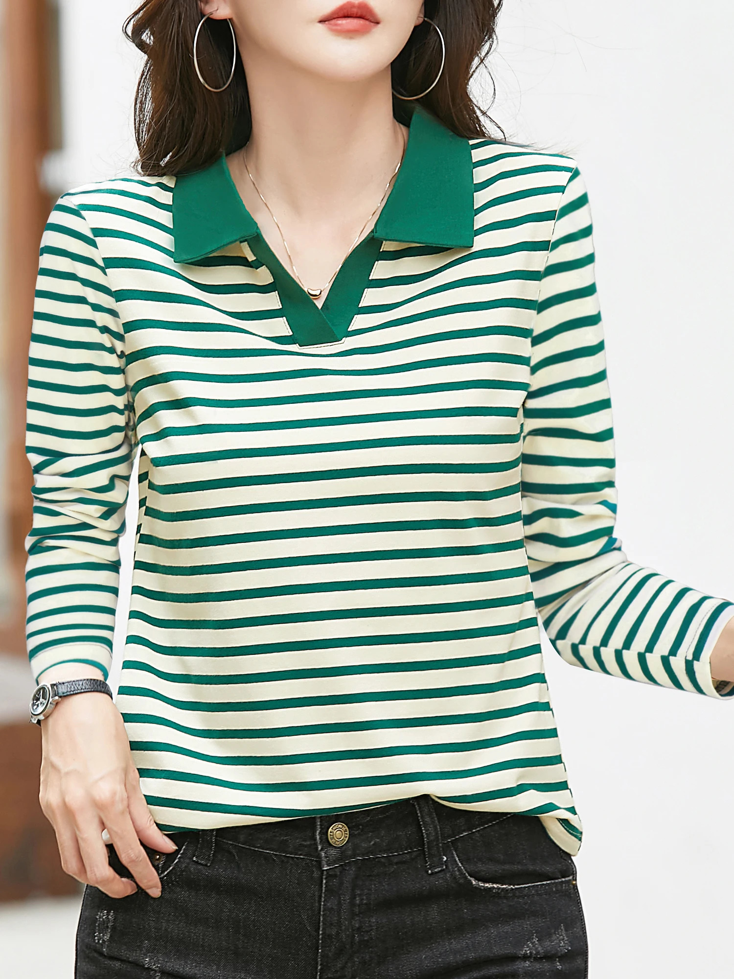 Womens striped pattern solid color lapel longsleeved POLO shirt casual daily knitted top machine washable not dry 251027