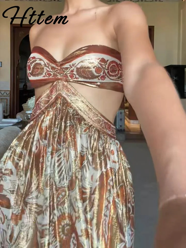 Sexy Print Hollow Out Strapless Women Dresses Beach Holidays Glitter Backless Off Shoulder Female Robe 2025 Summer Lady Dress 251027