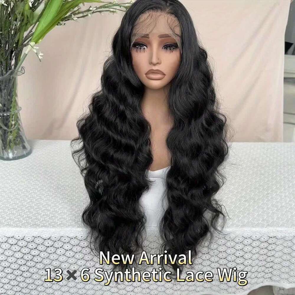Daily Wear Elegant 32" Black Body Wave Lace Front Wig Women 13X6 Transparent, Adhesive Synthetic Hair With Loose Waves, Perfect