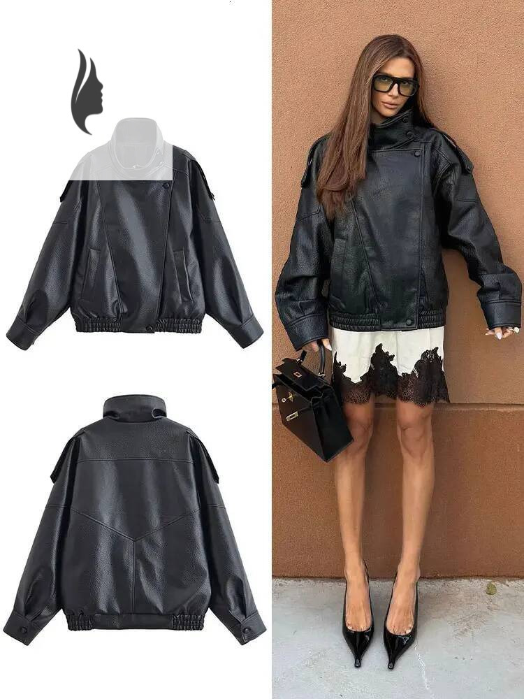 winter jacket women Women's Faux Leather Jacket Stand Collar Long Sleeves Loose Zipper Coats Lady Autumn High Street Woman Outerwear